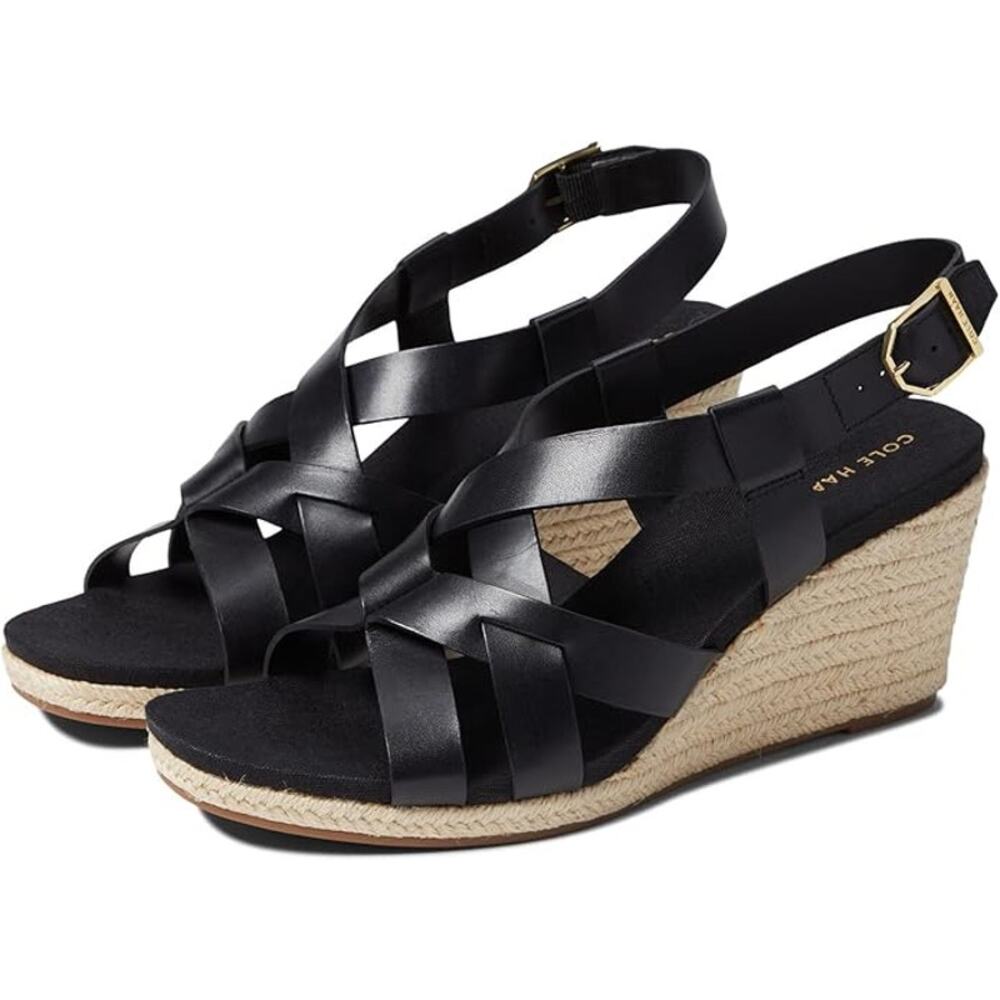 NWT Cole Haan Women's Crystal Wedge Sandal 70MM, Black Glazed Leather-Size 8.5
